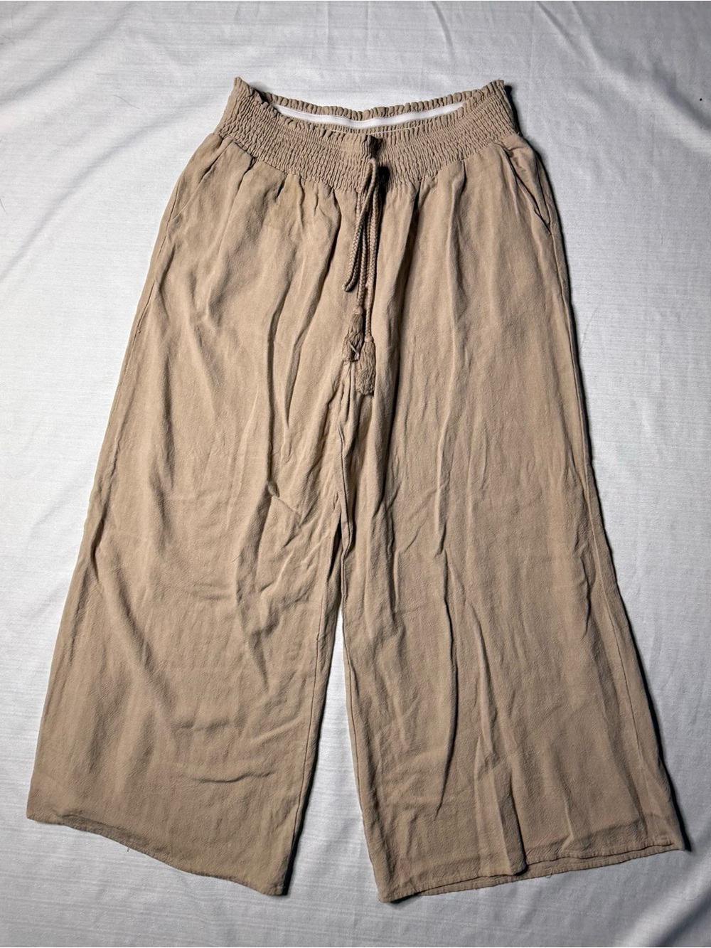 Women’s ANRABESS Linen Wide Leg Pants High Waist Pockets Almond Size XL